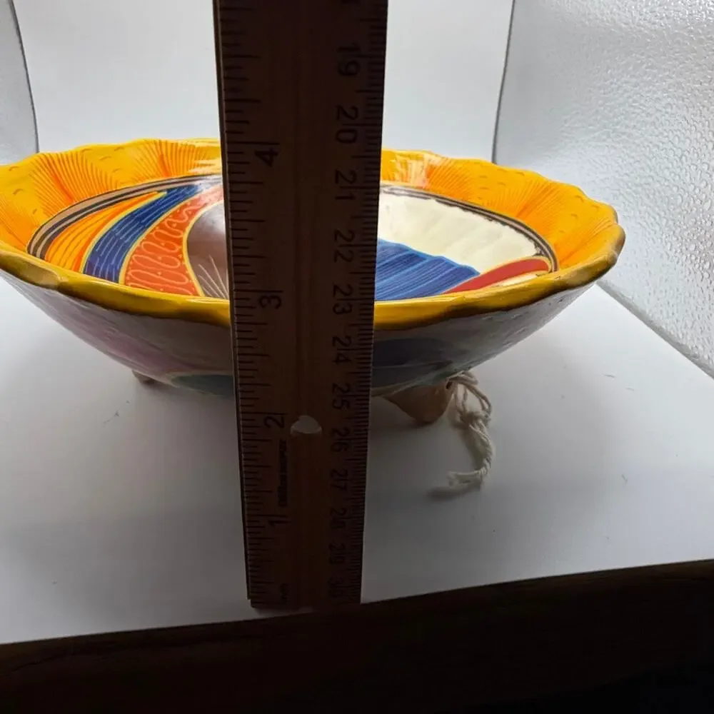 Art Pottery Scalloped Bowl Vintage Mexican Folk Art Hand Painted Bird Motif 10